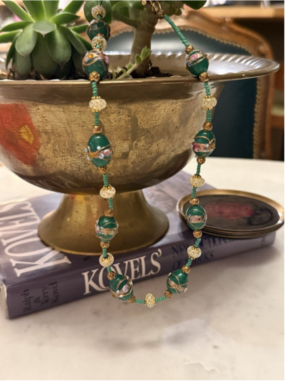 Vintage Murano Venetian Fiorato Wedding Cake Glass Bead Necklace Green Floral